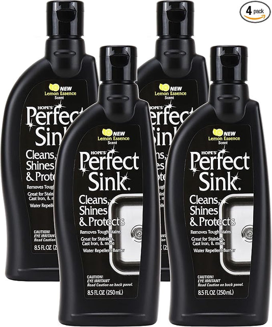 HOPE'S Perfect Sink Cleaner and Polish, Restorative, Water-Repellant, Removes Stains, Ideal for Brushed Stainless Steel, Cast Iron, Porcelain, Corian, Composite, Acrylic, 8.5 oz 4 Pack