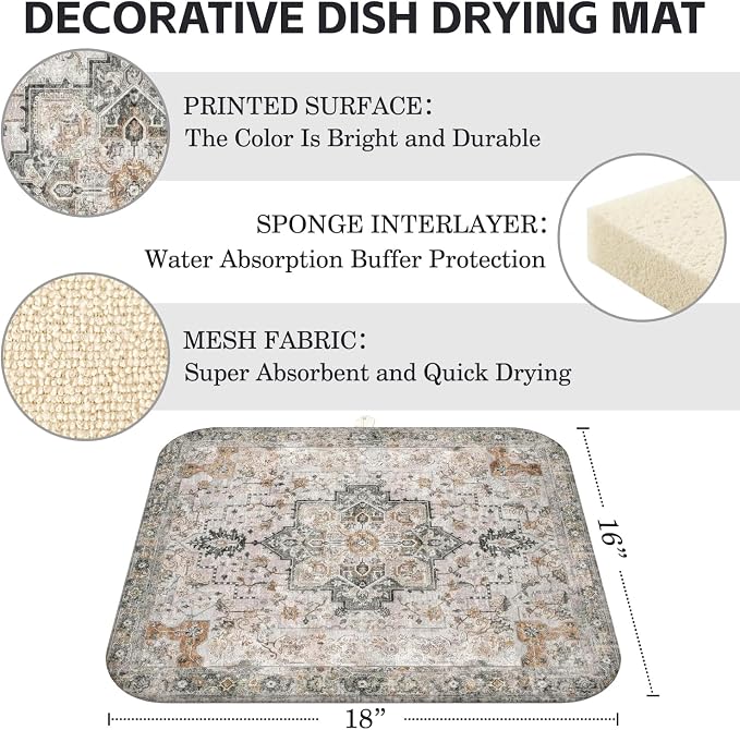 Boho Dish Drying Mat for Kitchen Counter,Vintage Grey Modern Farmhouse Absorbent Microfiber Reusable Washable Non-Slip Dish Drainer Draining Mats Dishes Pad for Kitchen Decor 18x16 Inch