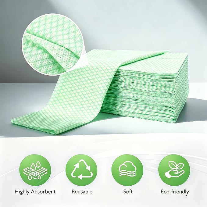 60 Pack Disposable Dish Cloths for Kitchen, Durable Cleaning Wipes | Short-term reusable cleaning cloths for bathroom & daily Cleaning (Green)