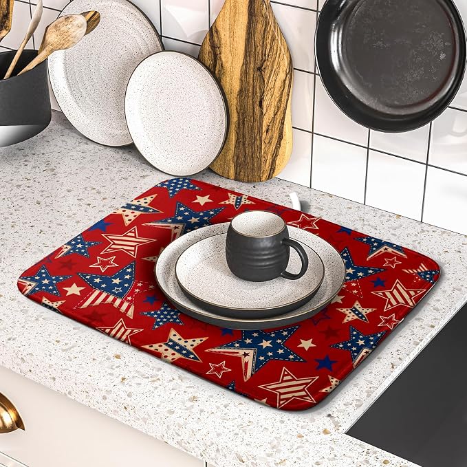 4th of July Dish Drying Mat for Kitchen Counter Patriotic Red Absorbent Dishes Dryer Pad