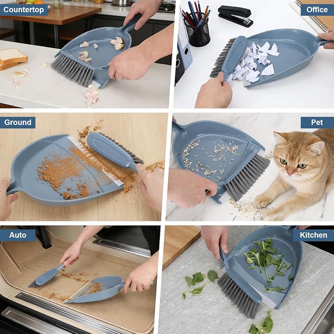 Hand Broom and Dustpan with Squeegee,Mini Dust Pan and Brush Set with a Scraper for Quick Cleanups,3-Piece Wall Mountable Cleaning Tools for Particles,Little Messes,Hair,Crumb