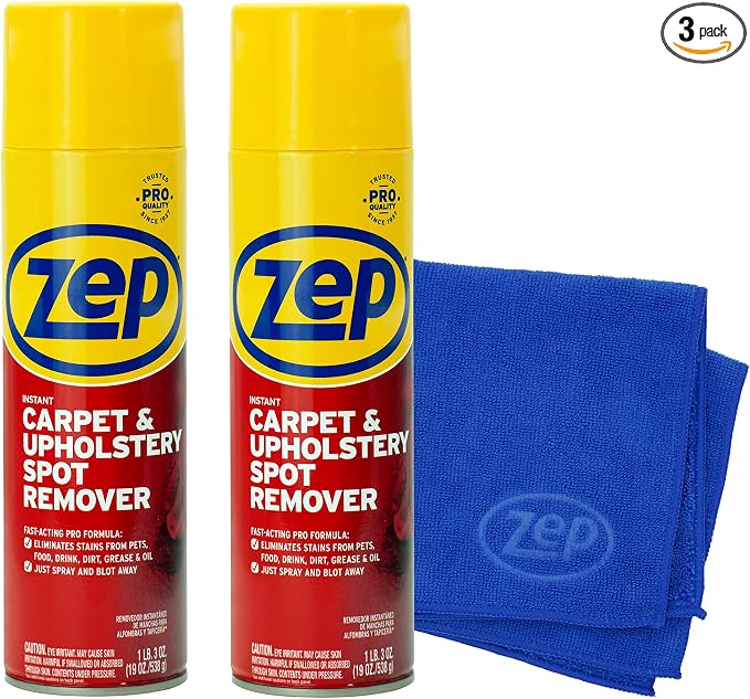 Zep Instant Carpet & Upholstery Spot Remover 19 oz (2) + Blue Rag | Removes carpet, rug, and upholstery stains with two ready-to-use cleaners and a reusable microfiber cloth - ECBD027