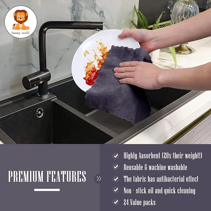 Sunny zzzZZ 24 Pack Kitchen Dishcloths - Does Not Shed Fluff - Reusable Dish Towels, Dish Cloths, Super Absorbent Coral Fleece Cleaning Cloths, Nonstick Oil Washable Fast Drying, 7 x 9 Inch (Grey)