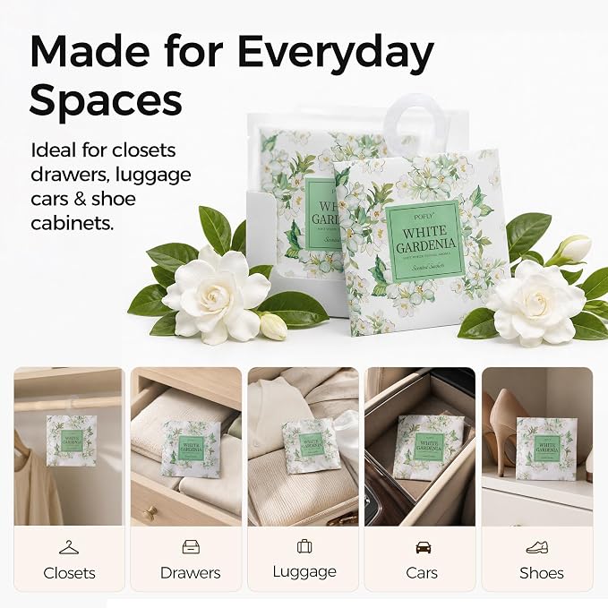 12 Pack Gardenia Scented Sachets, Air Freshener for Home&Small Spaces | Hanging Sachet Bags with Retractable Hook; Closet Deodorizer & Odor Eliminator for Drawers, Shoe Cabinets, Cars & Luggage