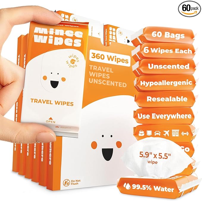 Impossibly Compact Travel Wipes - 99.5% Water - Safe for Sensitive Skin & Hypoallergenic, Resealable, Thick & Durable - For Adults & Kids - Unscented, 60 Pack Total 360 Wipes