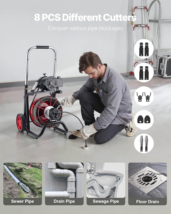VEVOR Drain Cleaner Machine 100FT x 3/8 Inch, Auto Feed Sewer Snake Auger on Wheels, 370W Portable Drain Cleaning Machine with 8 Cutters & Air-activated Foot Switch for 2" to 4" Pipes