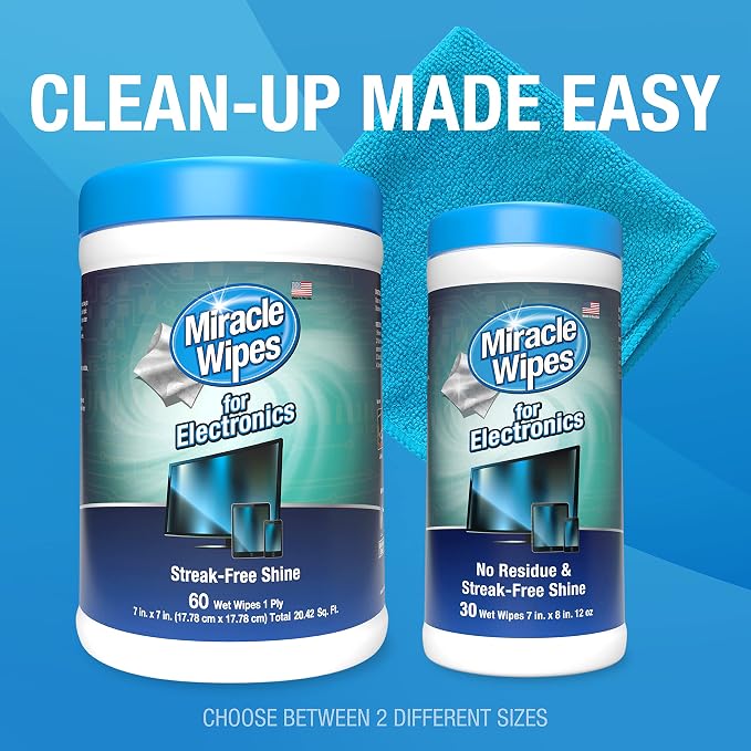 MiracleWipes for Electronics Cleaning - Screen Wipes Designed for TV, Phones, Monitors and More - Includes Microfiber Towel - (60 Count)