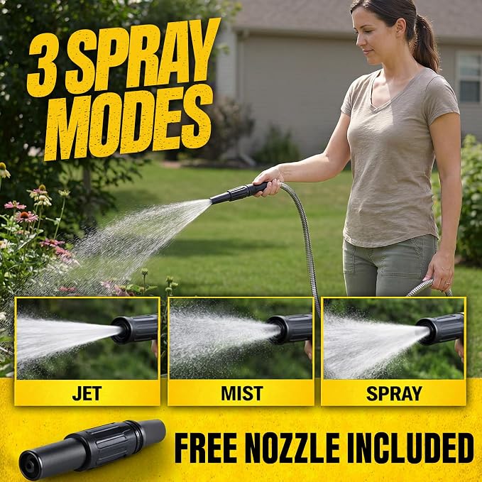 BIONIC STEEL 50 Ft Metal Garden Hose with Sprayer Nozzle | Non Kinking Design, Stainless Steel Heavy Duty Water Hose 50Ft x 5/8 in. Flexible & NON Expandable for Water Flow, 500 PSI