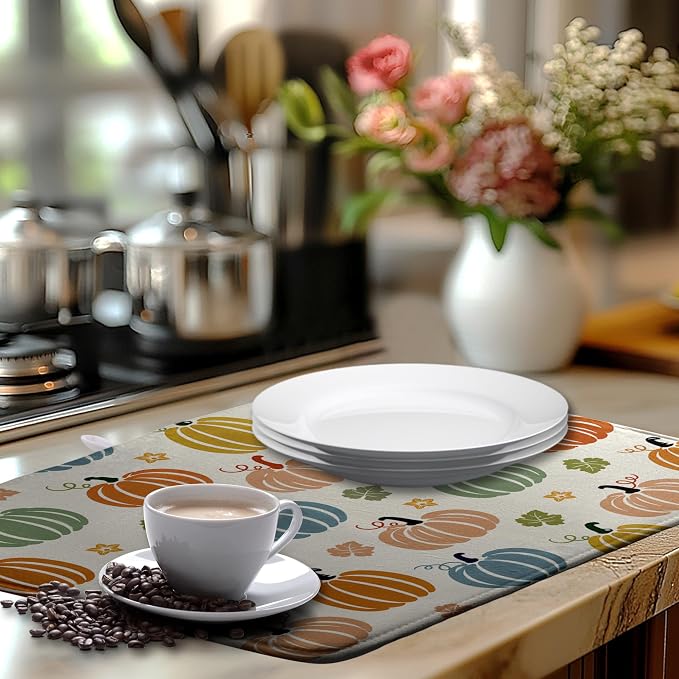 Fall Pumpkin Dish Drying Mats Thanksgiving Dish Mat Autumn Maple Leaves Drying Matt Dishes Dryer Pad for Kitchen Counter Absorbent Microfiber Washable Foldable Reusable 18x24 in