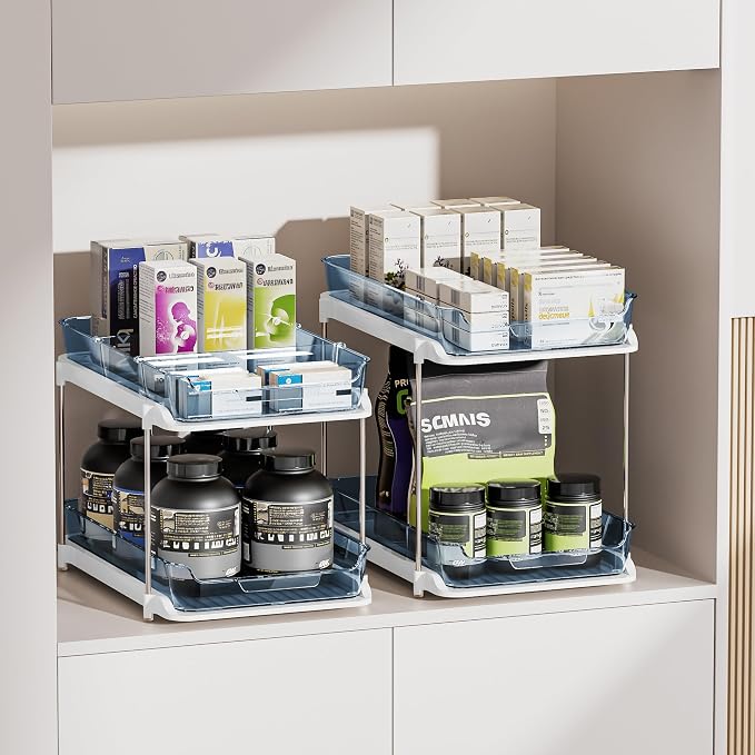 Delamu 2-Tier Multi-Purpose Bathroom Under Sink Organizers and Storage, Stackable Kitchen Pantry Organization, Pull Out Medicine Cabinet Organizer with Movable Dividers, Blue, 2 Pack
