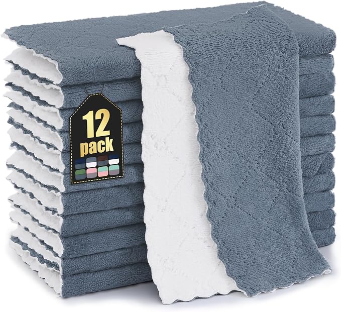 Homaxy 12 Pack Kitchen Cloths Dish Towels (10" x 10", Dark Grey & White), Super Soft and Absorbent Dish Cloths, Coral Velvet Microfiber Cleaning Cloth, Nonstick Oil Fast Dry Dishcloths