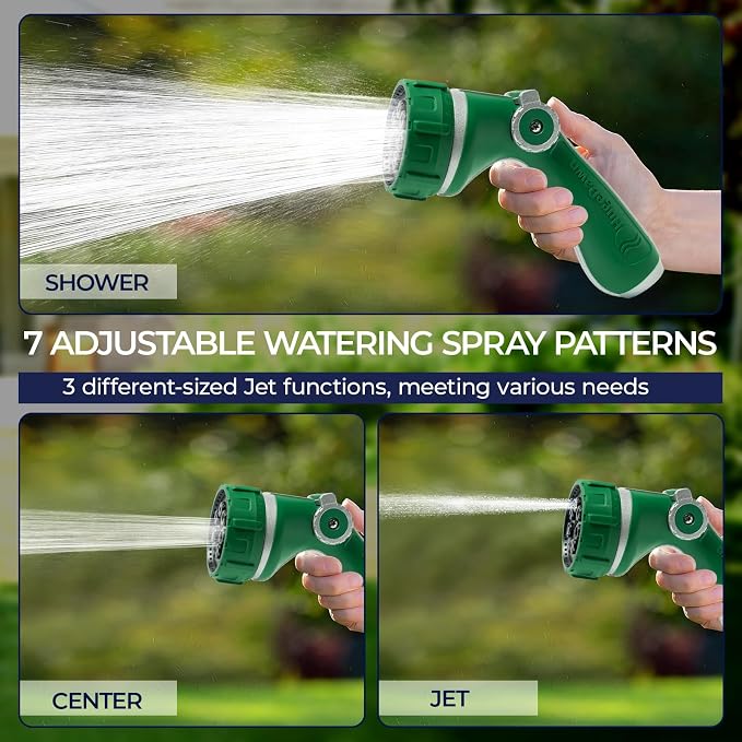 HugeDawn Garden Hose Nozzle with 7 Spray Patterns, Heavy Duty Metal Sprayer 30% Greater Water Flow for Watering, Car Wash, Outdoor Cleaning (Green)