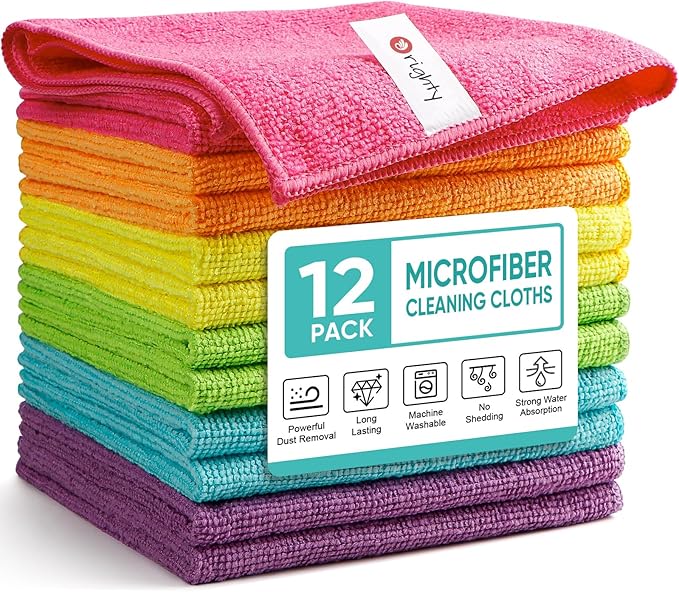 Orighty Microfiber Cleaning Cloth, Cleaning Rags, 12 Pack, 12x11 in | Microfiber Towels for Cars, Soft Highly Absorbent Rag, Lint Free Cloths for Car Care, House, Kitchen