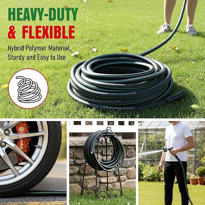Garden Hose 25 ft x 5/8" with Nozzle, Water Hose Heavy Duty Flexible, Lightweight Kink-less Hybrid Hose with Swivel Handle, Male to Female Fittings