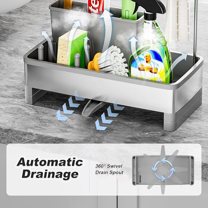Ewaiira Sponge Holder for Kitchen Sink, Stainless Steel Sink Caddy with Brush Holder & Dishcloth Rack, Countertop Sink Organizer, Soap Dispenser Kitchen Organizers Storage Essentials (F-Gray 9.8″)