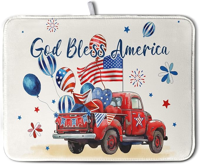 4th of July Drying Mat for Kitchen Counter 16 x 18 US Independence Day Patriotic Truck Dish Drying Mat Polyester American Flag Dish Drainer Mat Super Absorbent Dish Rack Pad for Coffee Bar Sinks