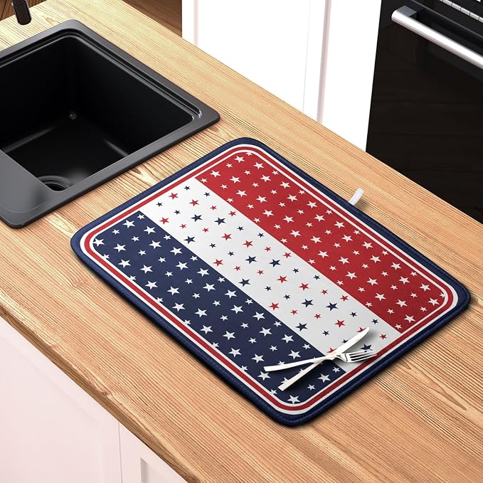 4th of July Dish Drying Mat for Kitchen Counter Patriotic Red White Blue Stars Drying Pad Microfiber Absorbent Dish Draining Mat Microfiber Independence Day Dish Drainer Rack Mats 18x24 Inch