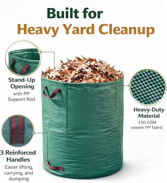 72 Gallon Garden Waste Bags 5 Pack Heavy Duty | Reusable Garden Waste Bags for Lawn, Pool and Yard Cleanup, Holds Leaves, Grass Clippings and Outdoor Debris
