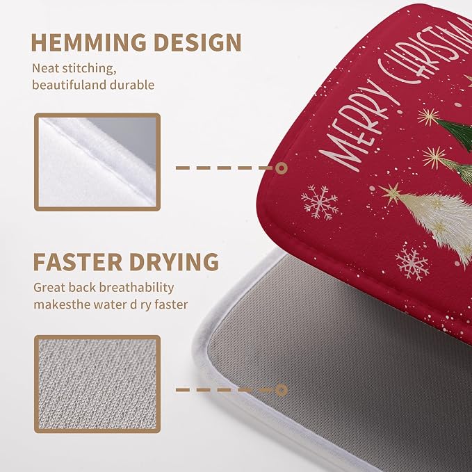 Merry Christmas Dish Drying Mat for Kitchen Counter 18x24 Inch Red Xmas Tree Snowflakes Drying Pad Winter Holiday Absorbent Microfiber Dish Draining Reversible Dish Drainer Rack Mat