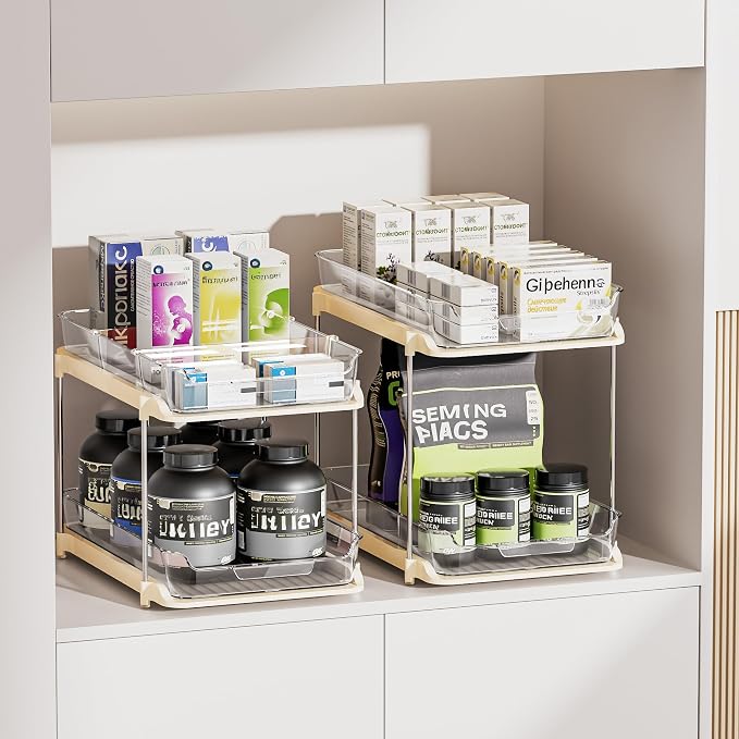 Delamu 2-Tier Multi-Purpose Bathroom Under Sink Organizers and Storage, Stackable Kitchen Pantry Organization, Pull Out Medicine Cabinet Organizer with Movable Dividers, Beige, 4 Pack