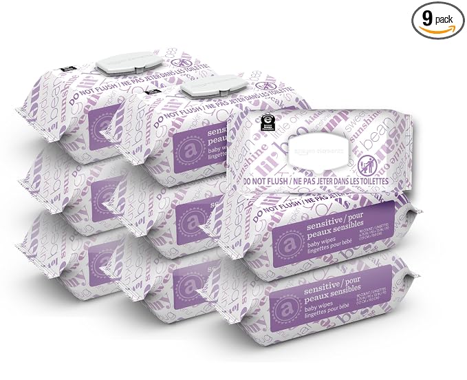 Amazon Elements Baby Wipes, Sensitive, Unscented, Cleans Gently, 810 Count, Flip-Top Packs, Pack of 9