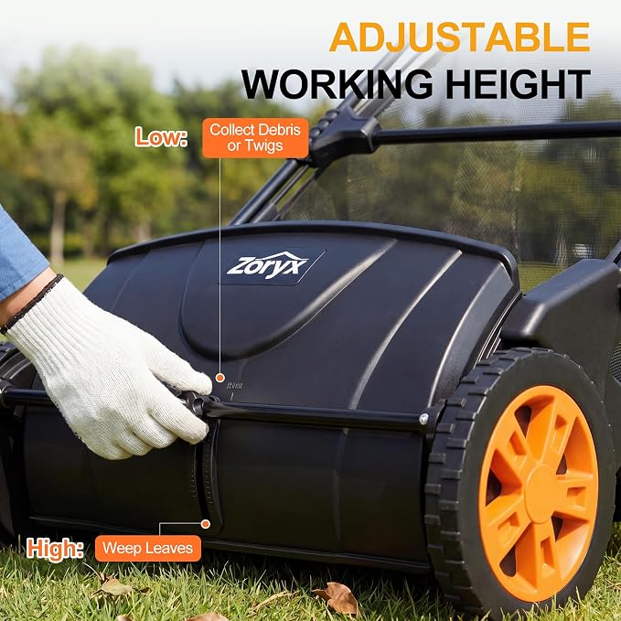 Zoryx 21-Inch Push Lawn Sweeper, Manual Leaf Sweeper for Yard & Lawn Debris, 3.5 cu.ft. Collector Bag, Artificial Turf Cleaner with Adjustable Height, Easy Assembly & Foldable Storage