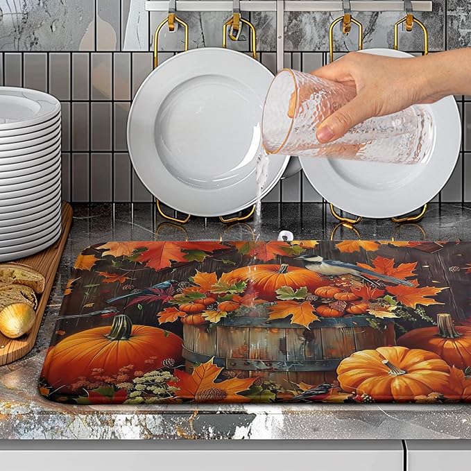 Fall Pumpkin Maple Leaf Bird Dish Drying Mat for Kitchen Counter 18x24 Inch Autumn Harvest Reversible Microfiber Drying Mats Thanksgiving Drying Pad Orange Brown Super Absorbent Dish Drainer Mats
