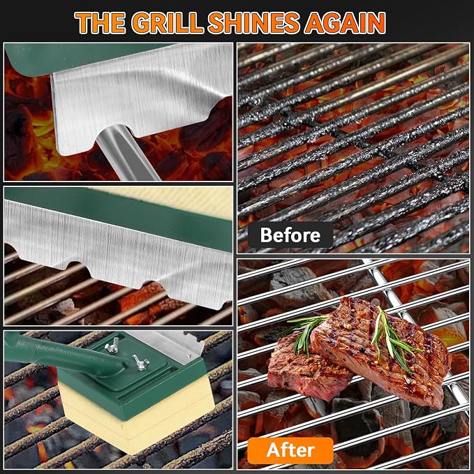 Grill Brush Bristle Free with Scraper,22" Extra Long Steam Grill Brush for Outdoor Grill,Replaceable Cleaning Head,Safe Grill Cleaner for Cast Iron/Stainless-Steel Grates,Ideal BBQ Gifts for Men Dad