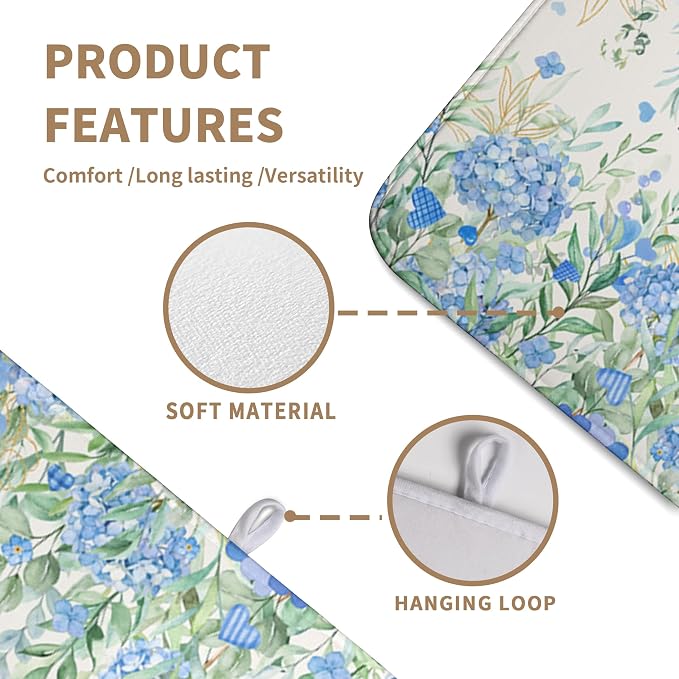 Blue Hydrangea Floral Dish Drying Mat for Kitchen Counter Spring Butterfly Flower Drainer Mat Absorbent Reversible Microfiber Heat Resistant Dry Pad Reusable Washable Dishes Pad 18x24 Inch