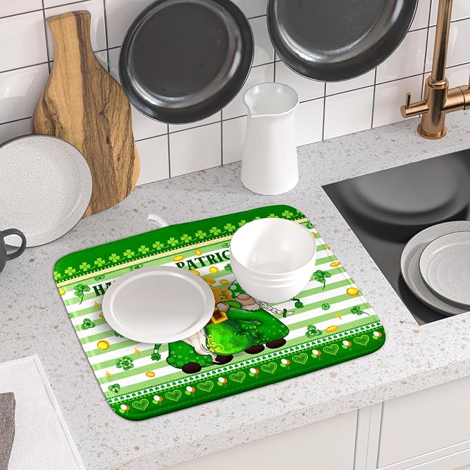 Shamrock Gnome Dish Drying Mat Coin Clover Dishes Fast Dry Mat 16x18 inch Absorbent Microfiber Dishware Drainer Pad for Kitchen Counter Sink