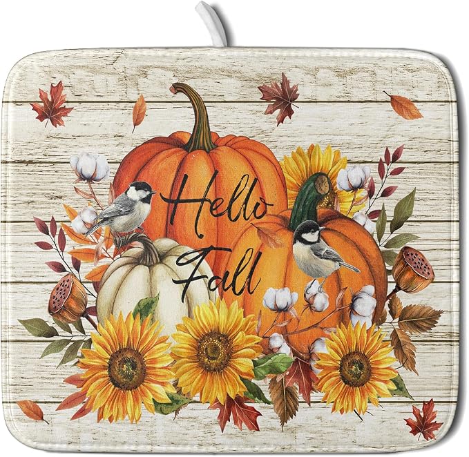 Hello Fall Dish Drying Mat Autumn Pumpkin Dish Drainer Rack Mats 16"x18" Fast Dry Microfiber Dish Drying Pad for Kitchen Countertop Table
