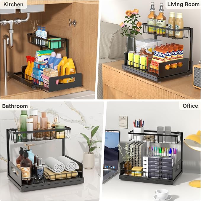 Sturdy Metal Under Sink Organizer 2 Tier, Pull Out Drawer Slides Under Sink Storage for Bathroom Kitchen, Multi-Purpose Iron Under Cabinet Organizer for Cleaning Supplies (Black, 2 Pack)