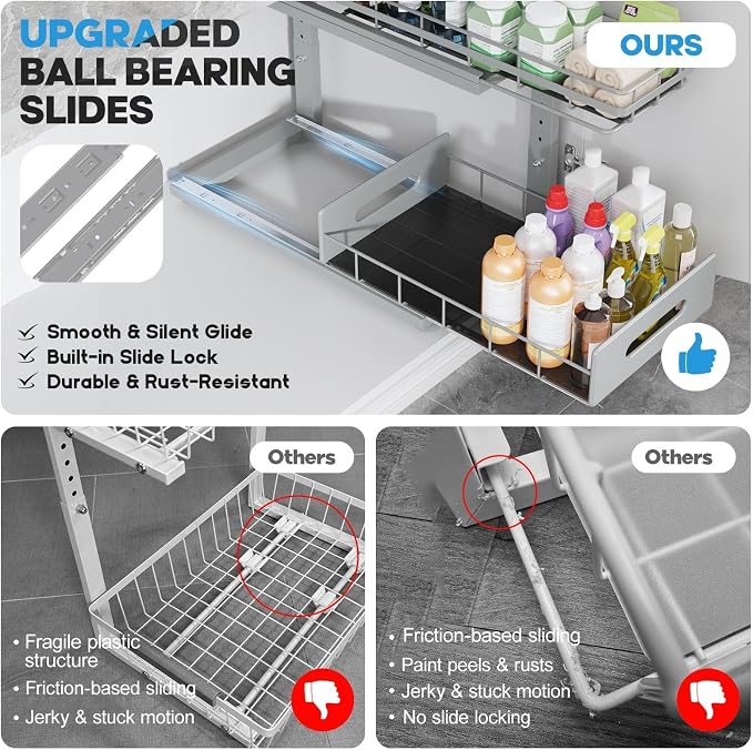 Under Sink Organizer Upgrade To Professional Rails,2-Tier Dual Pull Out Cabinet Storage,Height Adjustable Slide Out Drawers For Bathroom Kitchen,2 Pack-16.7"Dx12.8"-16.9"H,Gun Gray