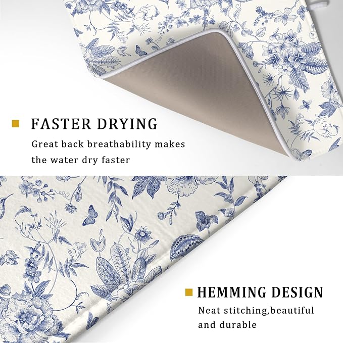 Giwawa Chinoiserie Flower Dish Drying Mat Blue Leaves Dishes Drying Pad Reusable Washable Kitchen Countertop Protector Dish Drainer Mat 18x24 Inch