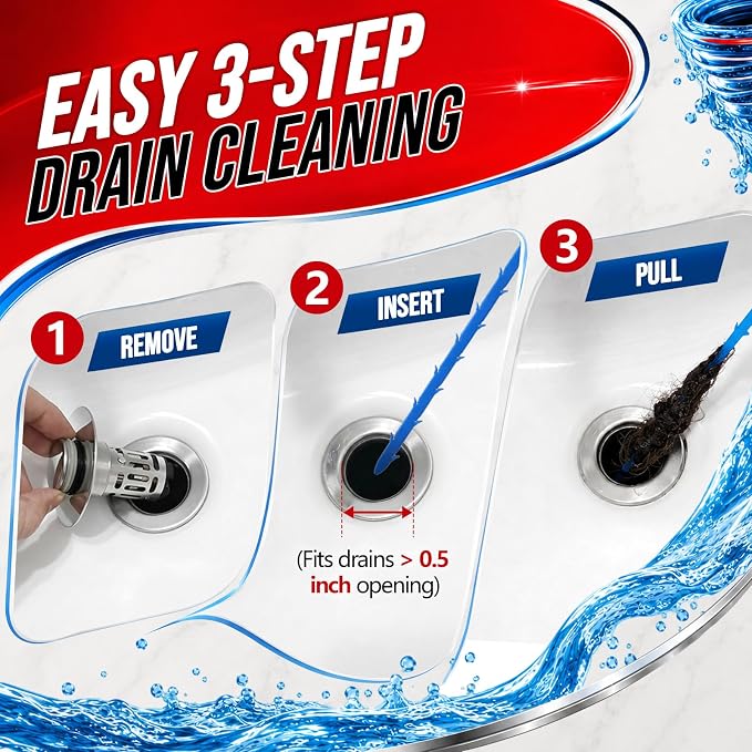 Drain Clog Remover for Slow Drains in Bathroom Sink, Shower and Tub | 6 Pack Flexible Drain Snakes Quickly Remove Hair Clogs and Restore Water Flow in Minutes
