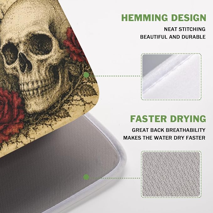 Halloween Pumpkin Dish Drying Mat for Kitchen Counter 16 x 18 Inch Ghost Castle Dish Drainer Mat Absorbent Microfiber Rose Skull Crow Dish Rack Pad for Coffee Dining Bar Decor