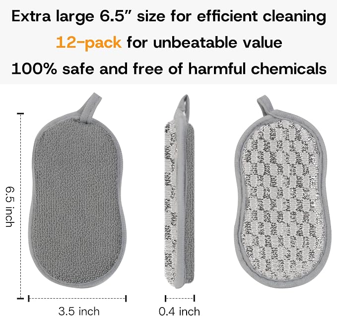 Multi-Purpose Scrub Kitchen Sponges – 12 Pack Dish Sponge, Dual-Sided Non-Scratch Microfiber & Metal Scrubber, Reusable Sponges for Dishes, Pots, Glass, Sink, Stovetop & Bathroom (Gray)