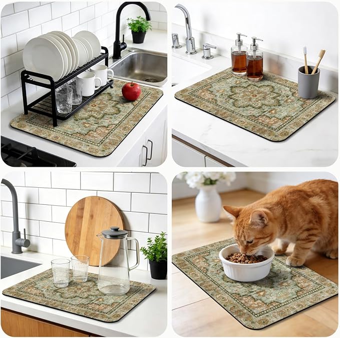 Dish Drying Mat, Vintage Rustic Boho Kitchen Dishes Absorbent Pad, 16x18in | Eco-friendly diatomite with non-slip rubber backing. Super absorbent mat for kitchen counters, coffee bars & sinks