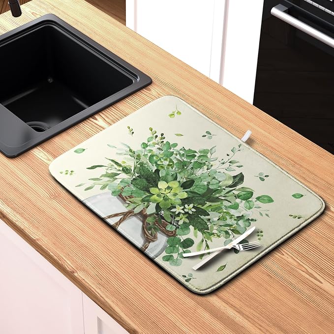 Spring Sage Green Leaves Dish Drying Mat for Kitchen Counter Eucalyptus Leaf Floral Mason Jar Dishes Drainer Mats Absorbent Microfiber Dish Draining Mat Reversible Dish Pad 16x18 Inch