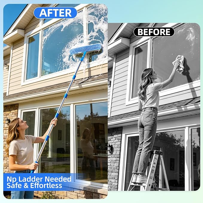 Window Cleaning Kit with 3 Gal Bucket - 14'' Window Squeegee&15'' Scrubber&76'' Long Handle Window Cleaner Tool, Professional Windows Washing Equipment for Home, Commercial Use, Outdoor, Car