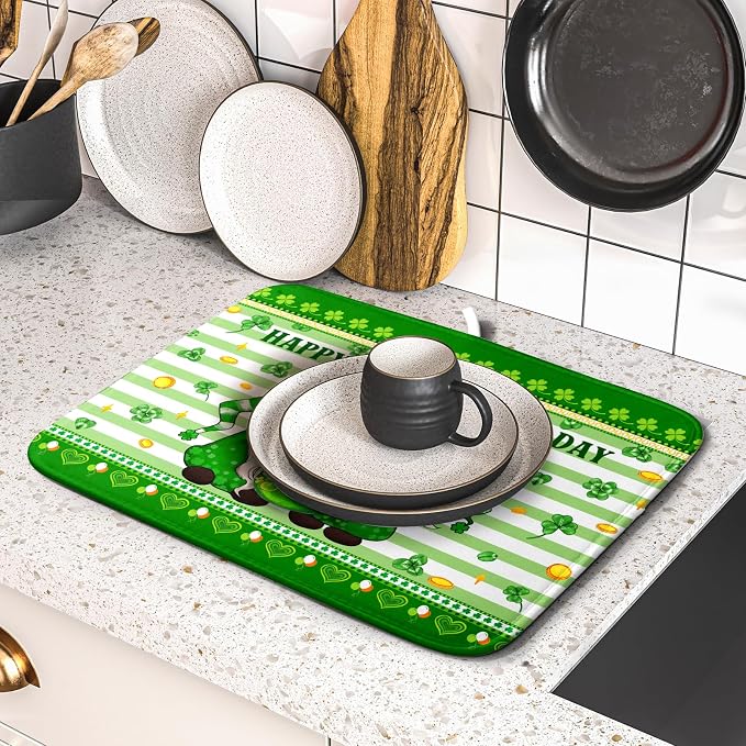 Shamrock Gnome Dish Drying Mat Coin Clover Dishes Fast Dry Mat 16x18 inch Absorbent Microfiber Dishware Drainer Pad for Kitchen Counter Sink