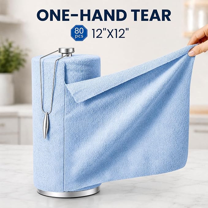 Veco Microfiber Cleaning Cloth Roll 80 PCS, 12" x 12" | Lint-Free, Streak-Free, Tear Away Reusable Microfiber Towels, Cleaning Rags for Kitchen, Car & Home, Blue