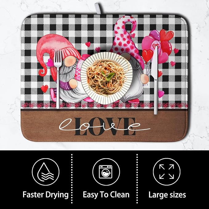 Valentine's Day Dish Drying Mats for Kitchen Counter, Gnome Love Kitchen Drying Mat, Buffalo Plaid Dish Drainer Mat Absorbent Quick Dry Dishes Pad 18 x 24 In - Farmhouse Decor Valentines Gift