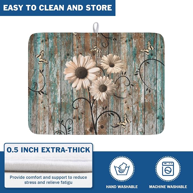 Vintage Daisy Floral Wooden Board Dish Drying Mat 18x24 Inch | Rustic，Polyester，Absorbent Microfiber，for Kitchen Coffee Dining Bar Decor