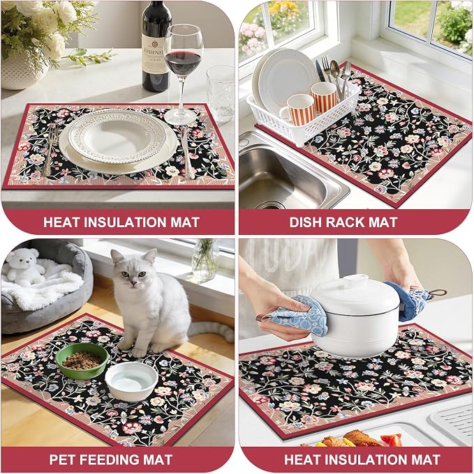 LOKHOM Floral Dish Drying Mat, 18"x24" Super Absorbent Non-slip Bordered Coffee Mat with Oil Painting Black Floral, Cuttable Hide Stain Drying Mat for Kitchen Counter Coffee Maker Espresso Machine