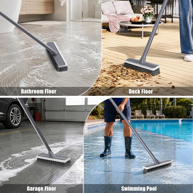 2 in 1 Floor Scrub Brush: Deck Brush with Squeegee | Long Adjustable Handle - 55'' Stiff Bristle Scrape Brush for Deck Patio Garage Shower Bathroom