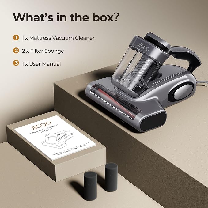 JIGOO Bed Vacuum Cleaner with Dust Sensor, Mattress Vacuum Cleaner with UV & Ultrasonic and High Heating, 13Kpa Suction 500W Powerful Double-Cup Handheld Vacuums (J300, Gray)