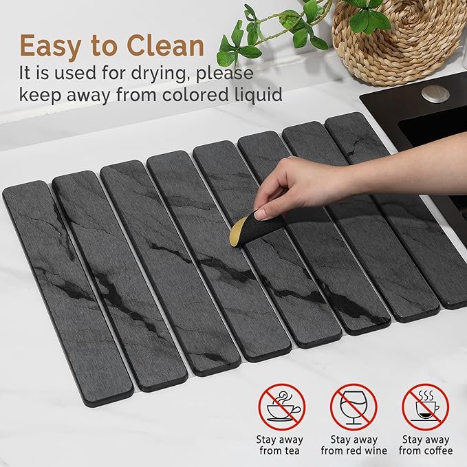 2 PCS Stone Dish Drying Mat for Kitchen Counter,Quick Dry Stone Dishes Mats,Marbled Water Absorbing Diatomaceous Earth Drying Pad for Countertop Bottles Utensils Cups（Dark Gray 20"×14" & 8"x4"）