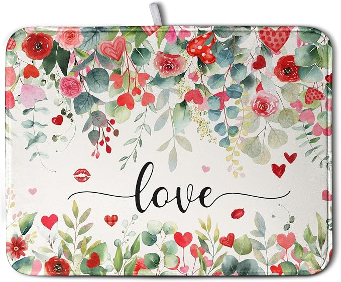 Valentines Day Love Heart Rose Eucalyptus Leaves Dish Drying Mat for Kitchen Counter 18x24 Inch Spring Valentine Microfiber Absorbent Dish Drainer Mats Reversible Drying Pad