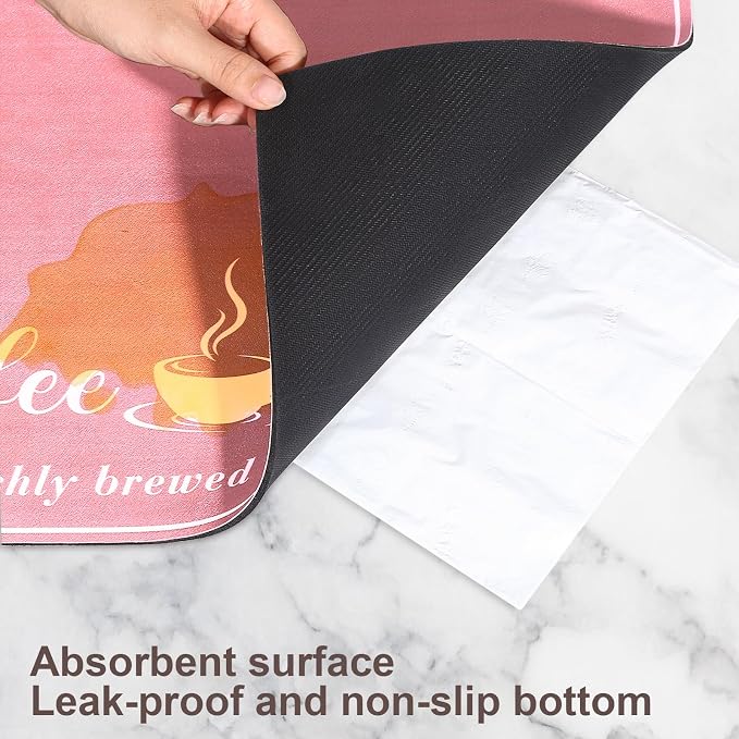 CooRug Absorbent Coffee Mat, Fashion Dish Drying Mat for Kitchen Counter Coffee Bar Accessories Espresso Machine Dish Rack 17" x 32" Pink